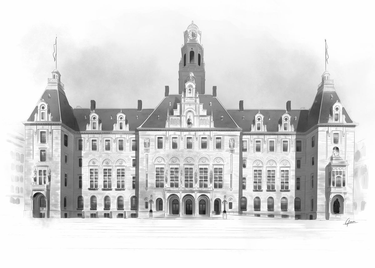Stadhuis Rotterdam poster, tekening van de voorgevel met klokkentoren