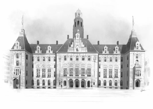 Stadhuis Rotterdam poster, tekening van de voorgevel met klokkentoren