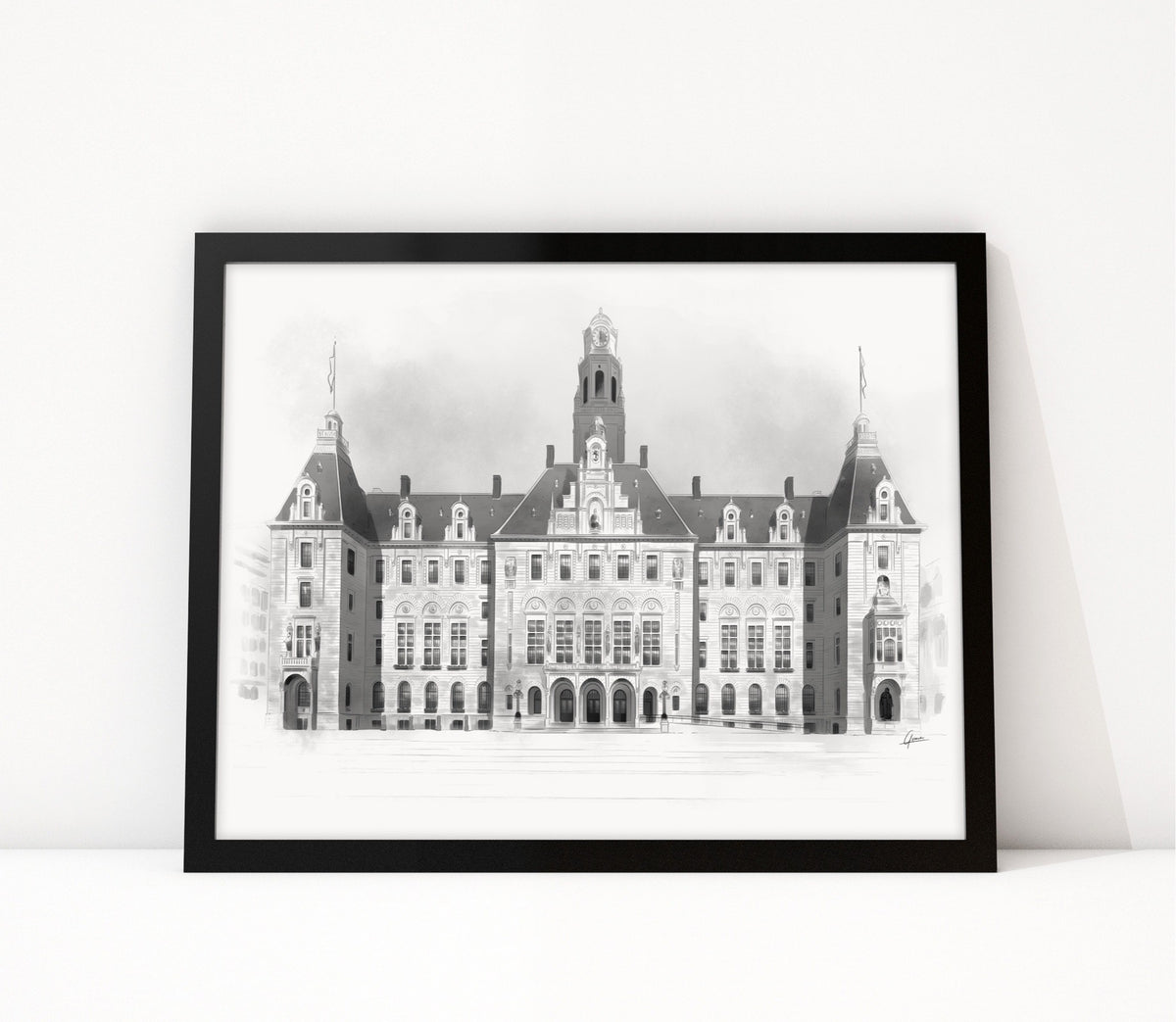 Poster Stadhuis Rotterdam ingelijst, lijntekening van de gevel aan de Coolsingel