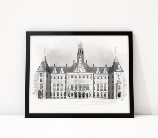 Poster Stadhuis Rotterdam ingelijst, lijntekening van de gevel aan de Coolsingel