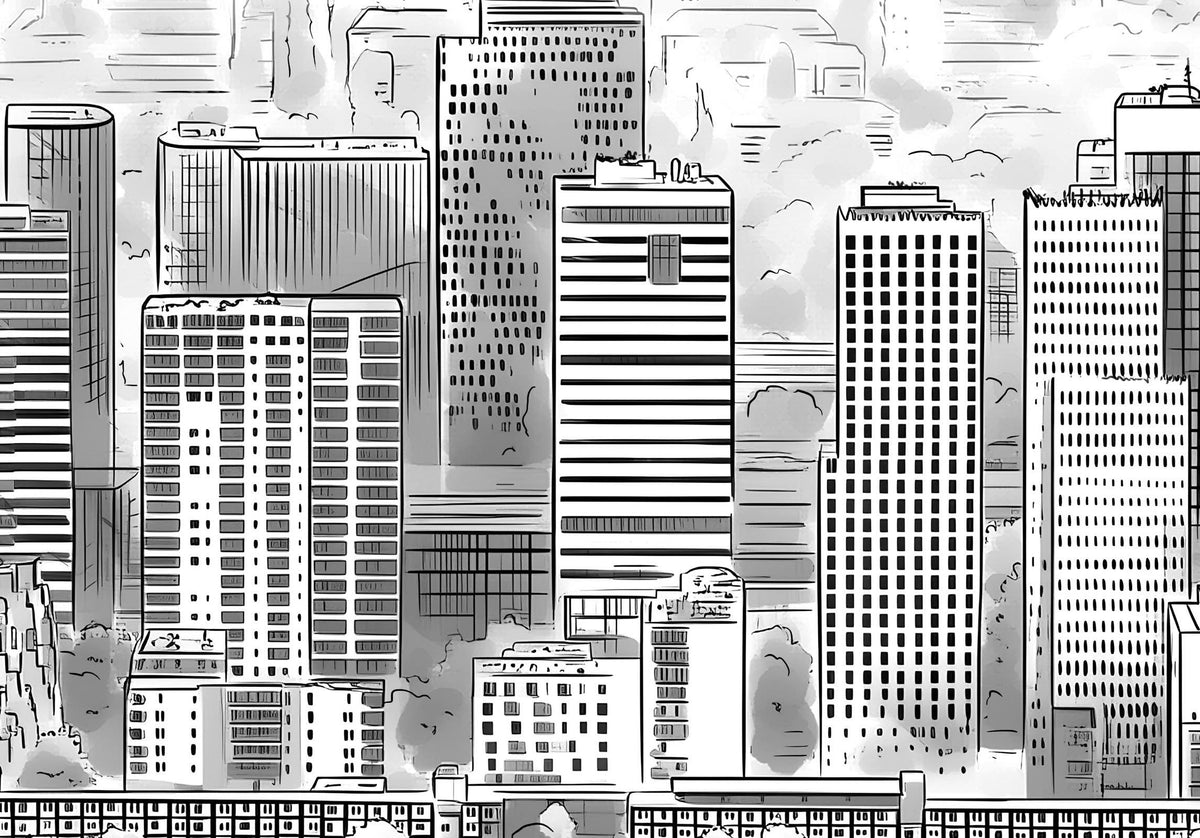 Detail van de Zuidas Amsterdam poster: torens met verschillende gevels