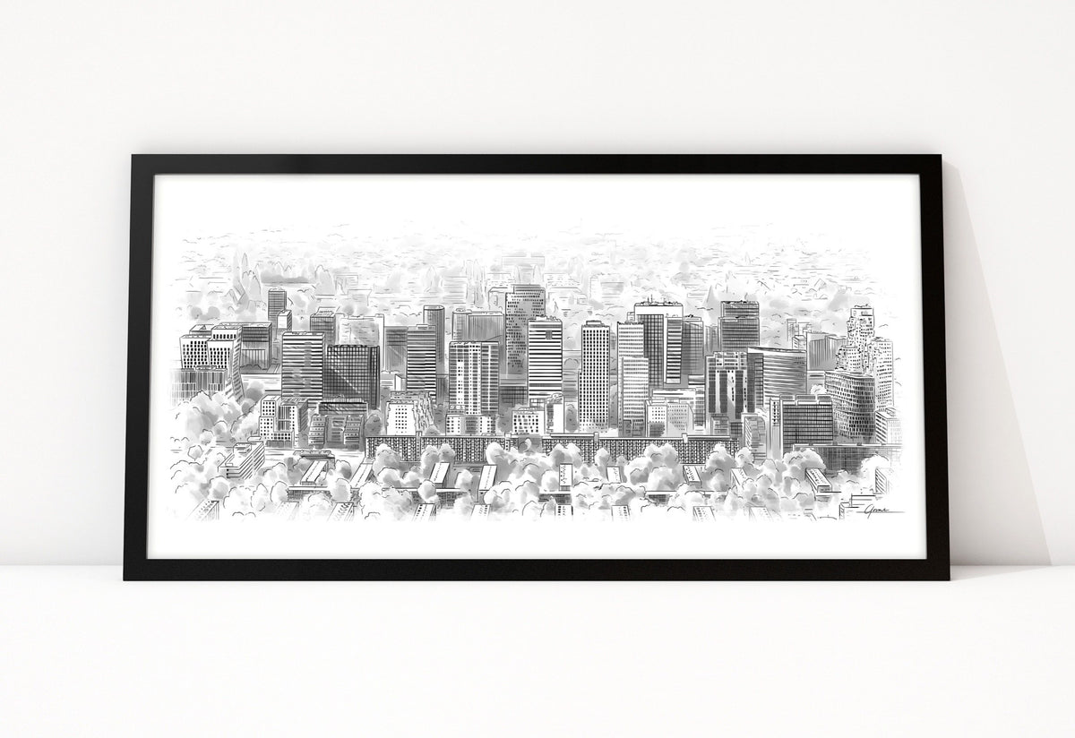 Poster Zuidas Amsterdam ingelijst, skyline van het zakendistrict als lijntekening