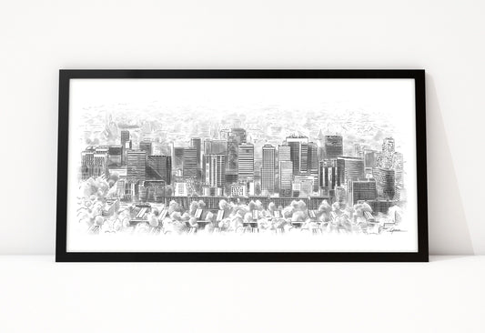 Poster Zuidas Amsterdam ingelijst, skyline van het zakendistrict als lijntekening