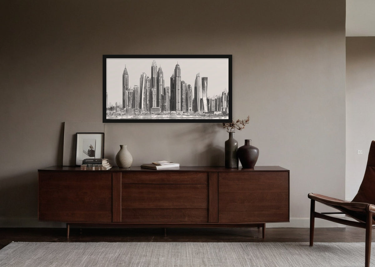 Poster Skyline Dubai Marina ingelijst aan de muur in een woonkamer
