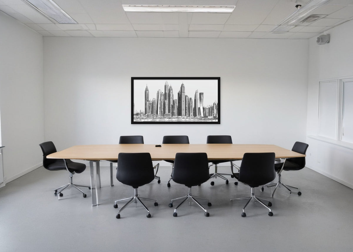 Poster Skyline Dubai Marina ingelijst aan de muur in een kantoor