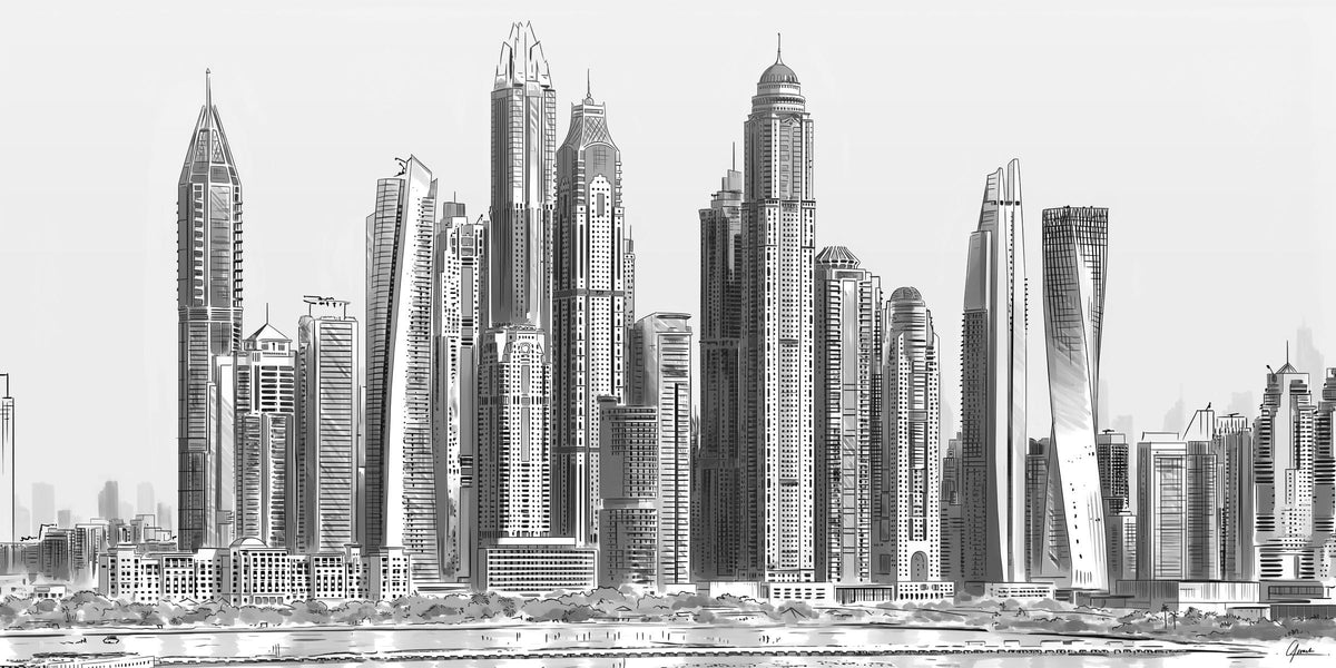 Skyline Dubai Marina poster, panorama lijntekening van hoge woontorens