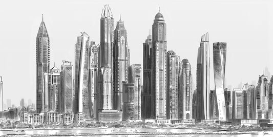 Skyline Dubai Marina poster, panorama lijntekening van hoge woontorens