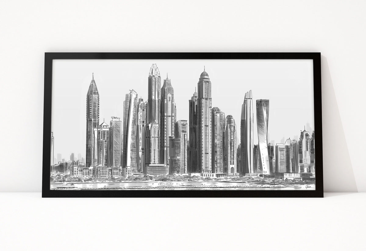 Poster Skyline Dubai Marina ingelijst, lijntekening van de torens aan het water