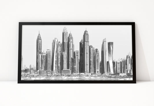 Poster Skyline Dubai Marina ingelijst, lijntekening van de torens aan het water