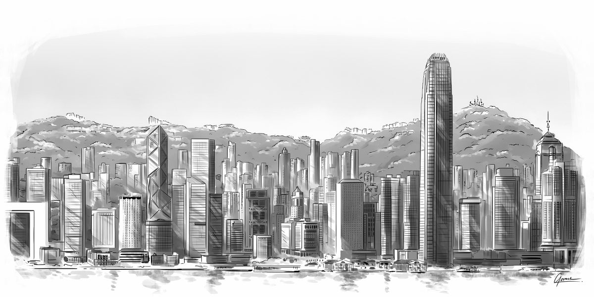 Skyline Hongkong poster, panorama lijntekening met de Bank of China Tower en Two IFC