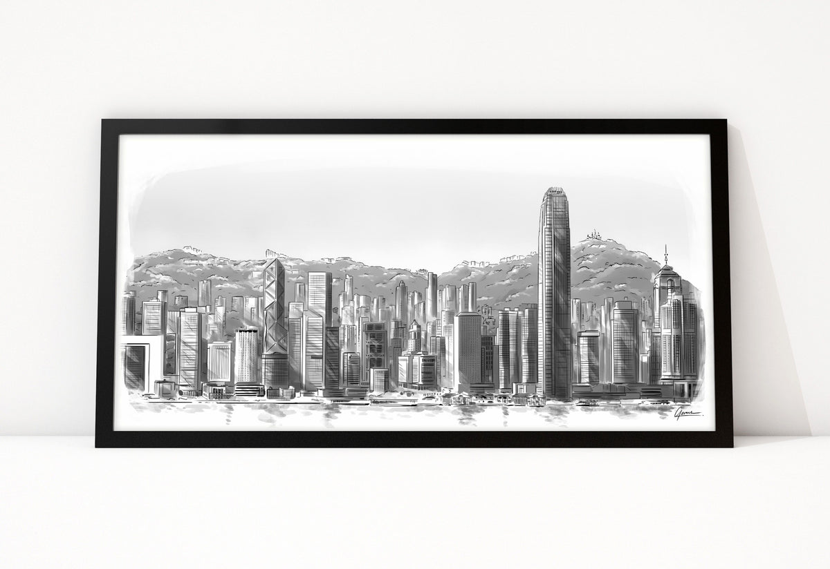 Poster Skyline Hongkong ingelijst, lijntekening van Hongkong Island over het water