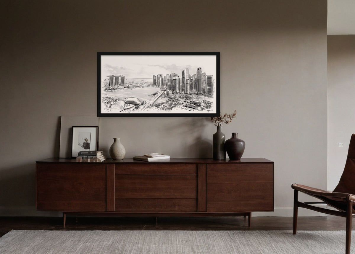 Poster Singapore Marina Bay ingelijst aan de muur in een woonkamer