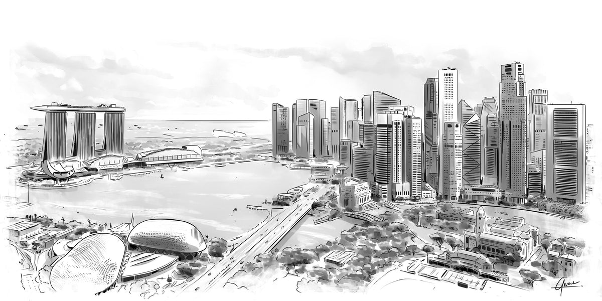 Singapore Marina Bay poster, panorama lijntekening met Marina Bay Sands en het zakendistrict