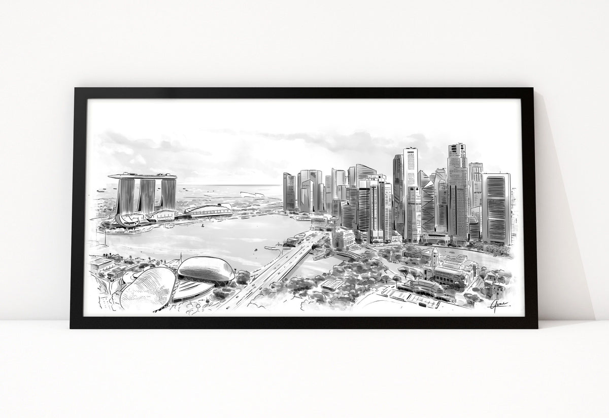 Poster Singapore Marina Bay ingelijst, lijntekening van de baai en de skyline