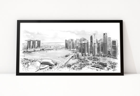 Poster Singapore Marina Bay ingelijst, lijntekening van de baai en de skyline