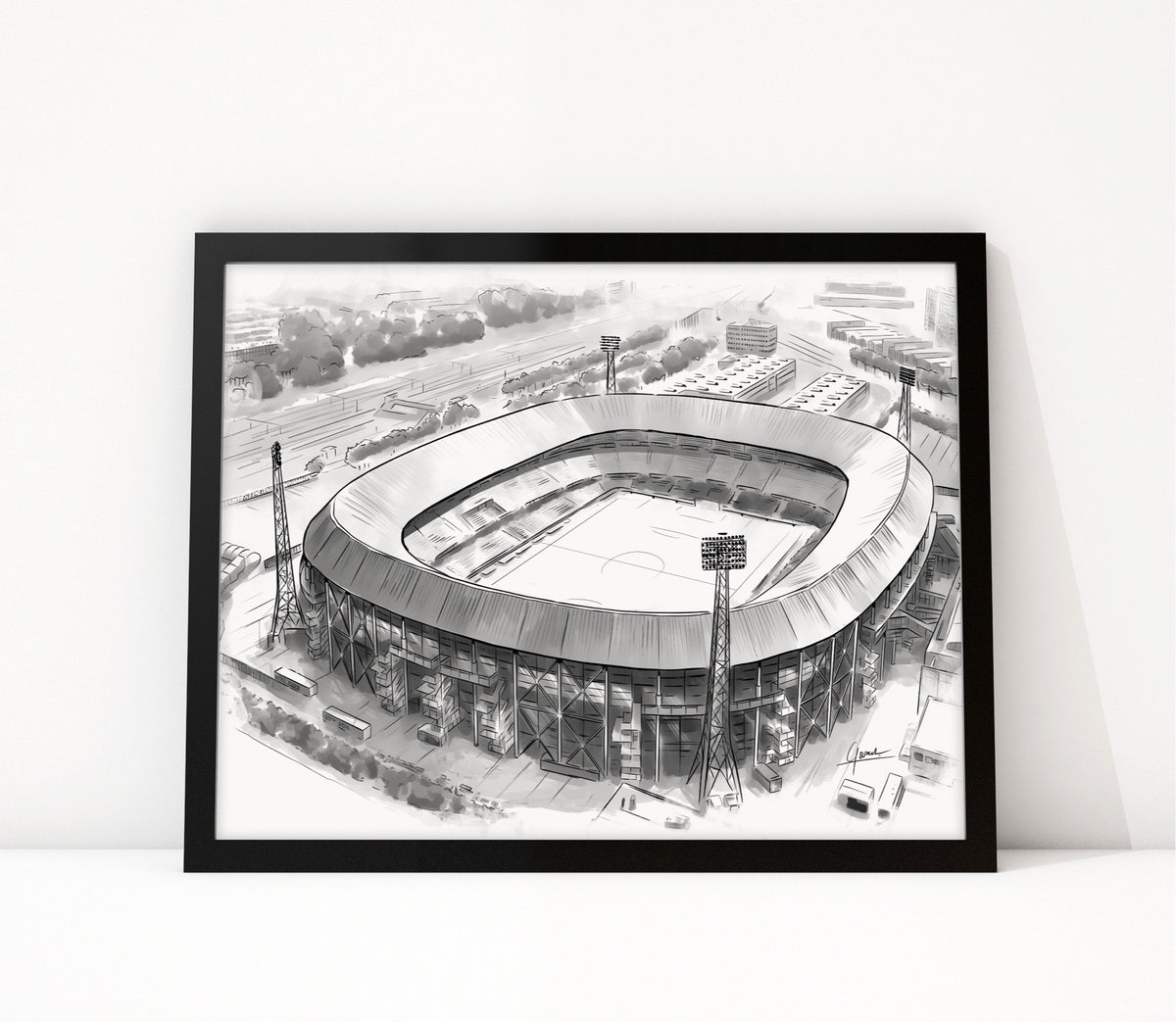 Poster De Kuip Rotterdam ingelijst, lijntekening van het stadion van bovenaf