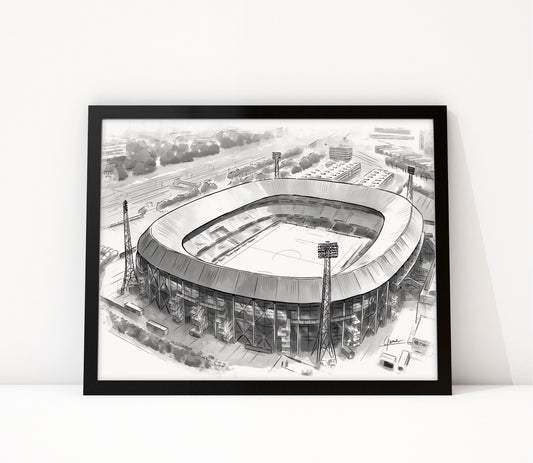 Poster De Kuip Rotterdam ingelijst, lijntekening van het stadion van bovenaf