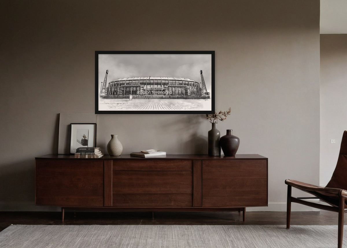 Poster De Kuip Rotterdam vooraanzicht ingelijst aan de muur in een woonkamer