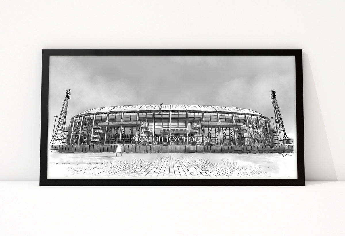 Poster De Kuip Rotterdam ingelijst, lijntekening van de voorkant van het stadion