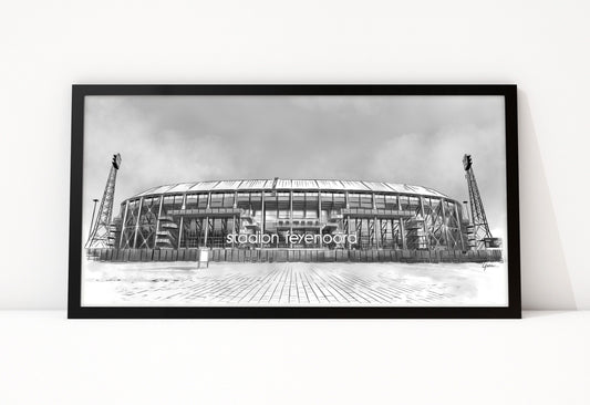 Poster De Kuip Rotterdam ingelijst, lijntekening van de voorkant van het stadion