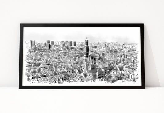 Poster Skyline Utrecht ingelijst, lijntekening van de binnenstad met de Domtoren