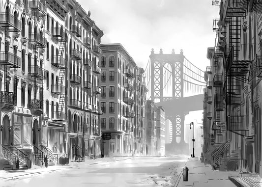Manhattan Bridge poster, lijntekening van oude woonblokken met brandtrappen en de brug