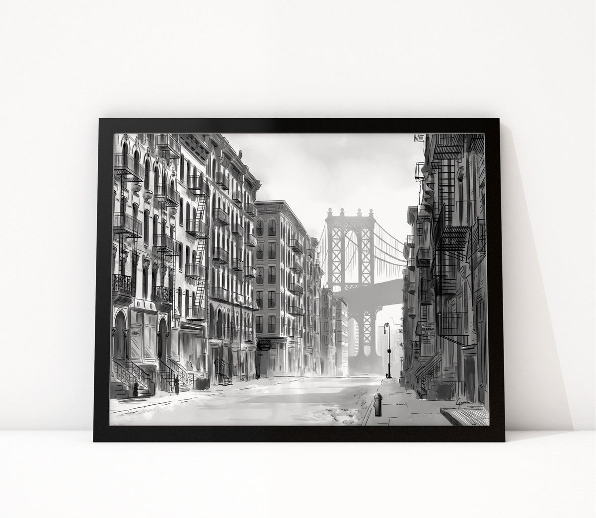 Poster Manhattan Bridge New York ingelijst, lijntekening van een straat met de brug