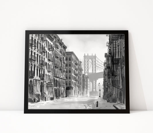 Poster Manhattan Bridge New York ingelijst, lijntekening van een straat met de brug