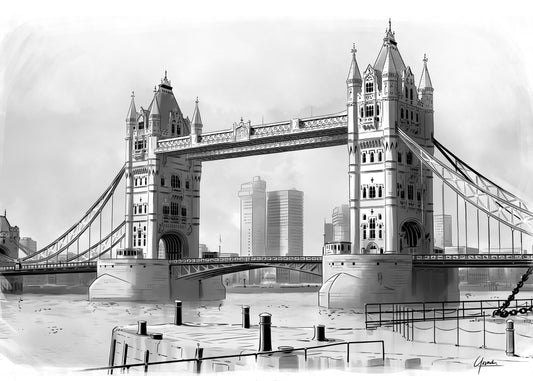 Tower Bridge poster, lijntekening van de brug over de Theems met de skyline erachter