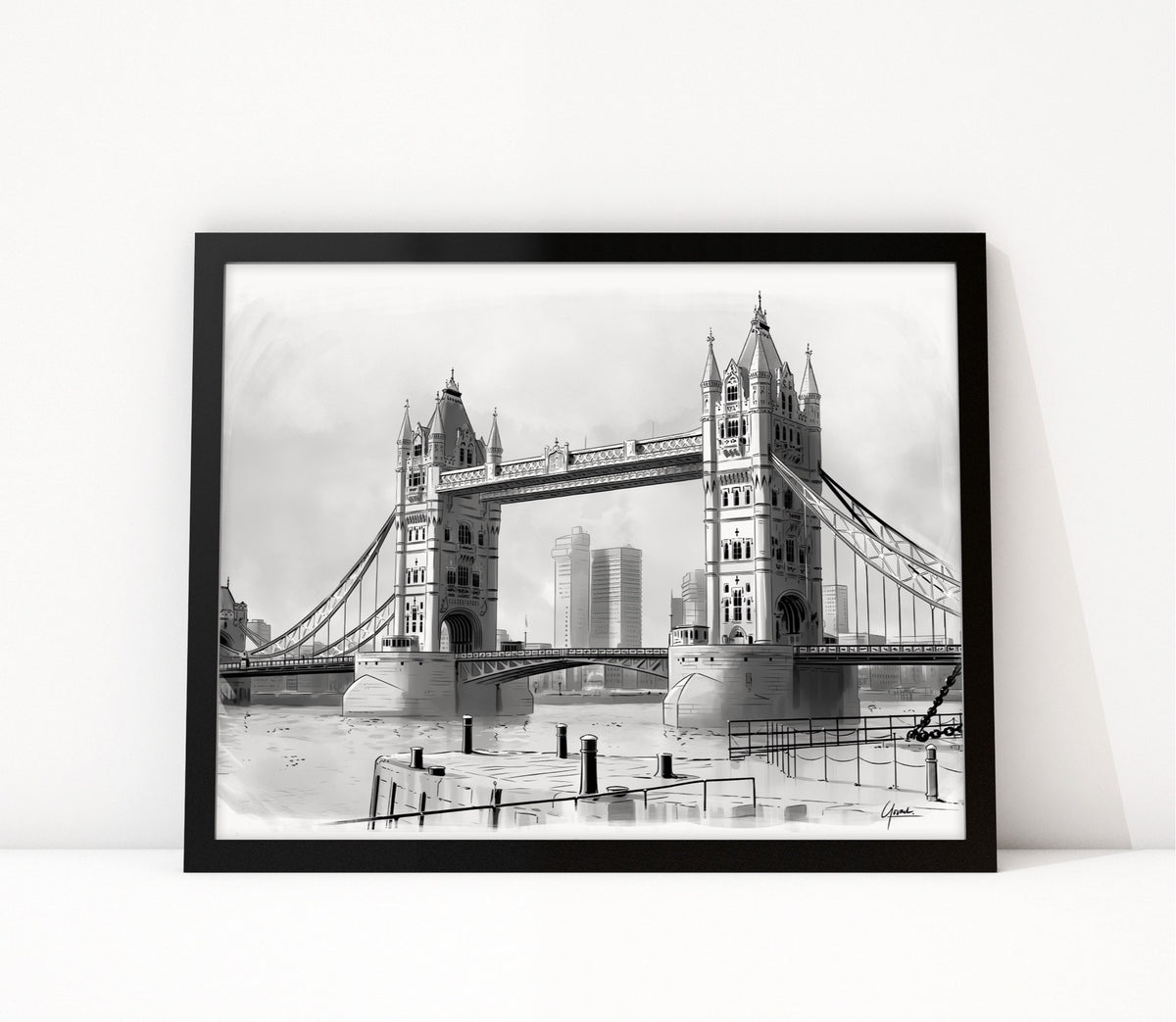 Poster Tower Bridge Londen ingelijst, lijntekening van de brug vanaf de kade