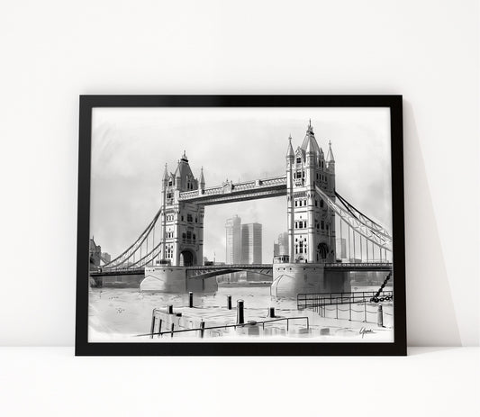 Poster Tower Bridge Londen ingelijst, lijntekening van de brug vanaf de kade
