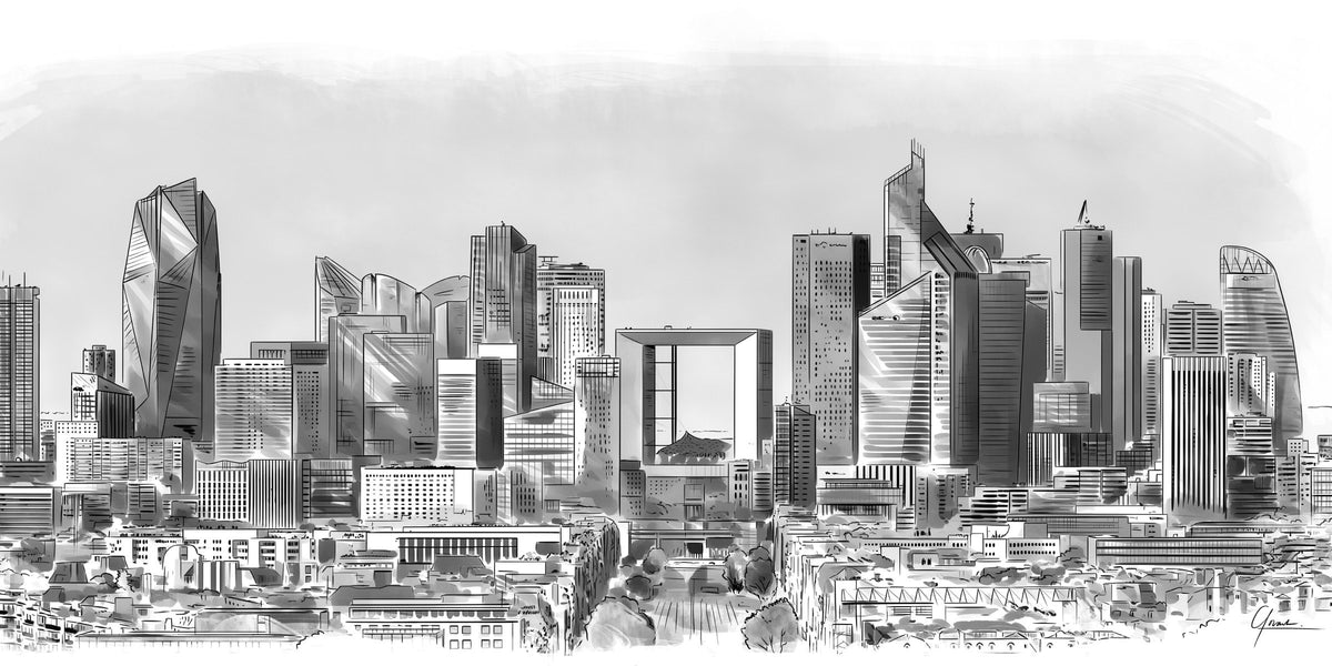 Skyline Parijs La Défense poster, panorama lijntekening van het zakendistrict