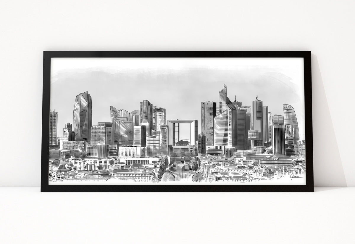 Poster Skyline Parijs La Défense ingelijst, lijntekening van de torens met de Grande Arche