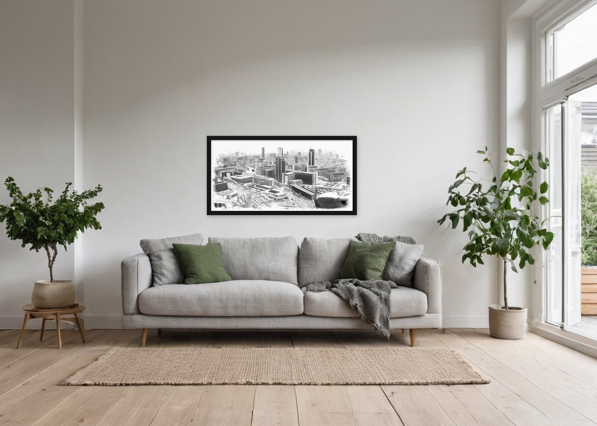 Poster Skyline Eindhoven ingelijst aan de muur in een woonkamer