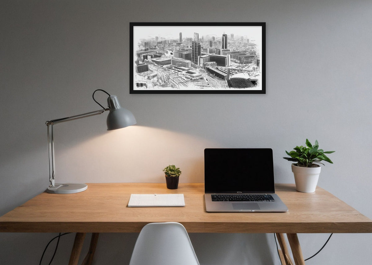 Poster Skyline Eindhoven ingelijst aan de muur in een kantoor