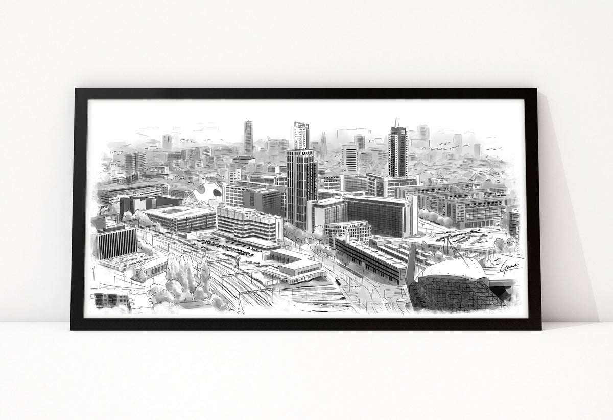Poster Skyline Eindhoven ingelijst, lijntekening van het centrum van bovenaf