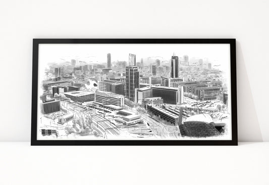 Poster Skyline Eindhoven ingelijst, lijntekening van het centrum van bovenaf