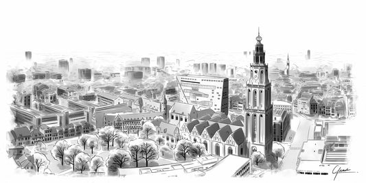 Skyline Groningen poster, panorama lijntekening met de Martinitoren en het Forum