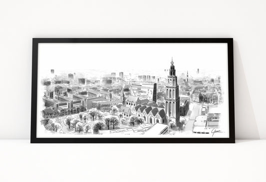 Poster Skyline Groningen ingelijst, lijntekening van de binnenstad met de Martinitoren