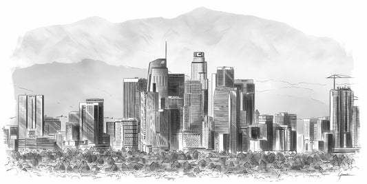 Skyline Los Angeles poster, panorama lijntekening van de torens met bergen erachter