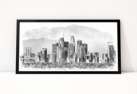Poster Skyline Los Angeles ingelijst, lijntekening van Downtown voor de bergen