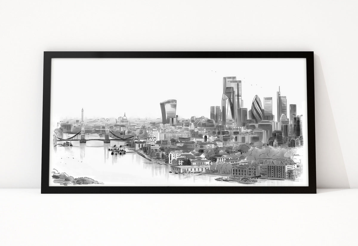 Poster Skyline Londen ingelijst, lijntekening van de stad langs de Theems