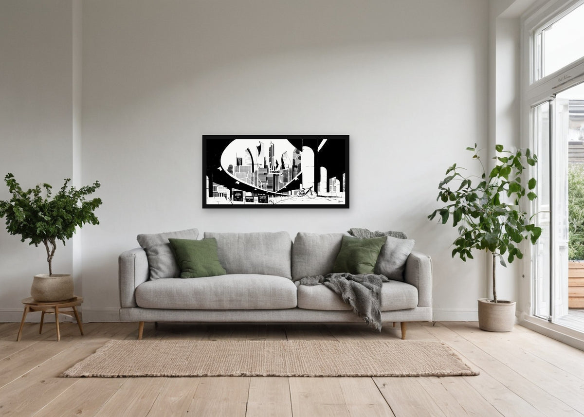 Poster Amsterdam Future Skyline ingelijst aan de muur in een woonkamer