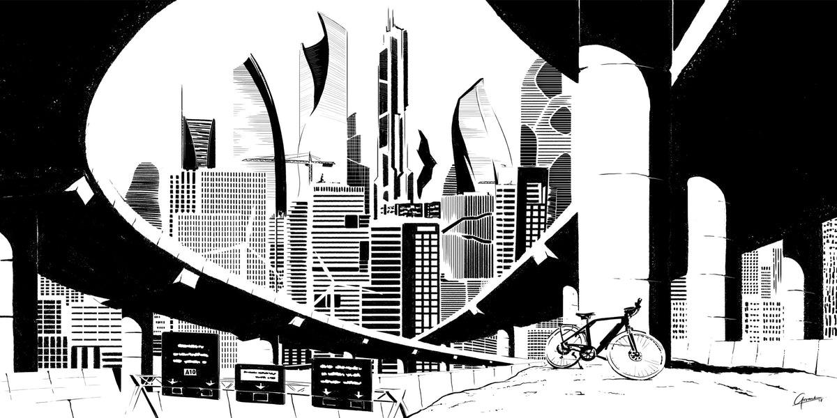 Amsterdam Future Skyline poster, zwart-wit inkttekening met torens, viaduct en fiets