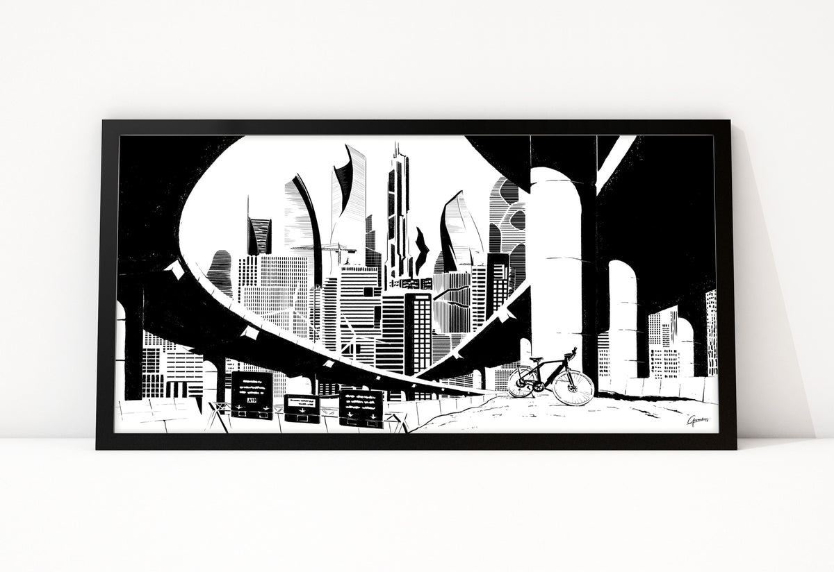 Poster Amsterdam Future Skyline ingelijst, zwart-wit inkttekening van torens onder een viaduct