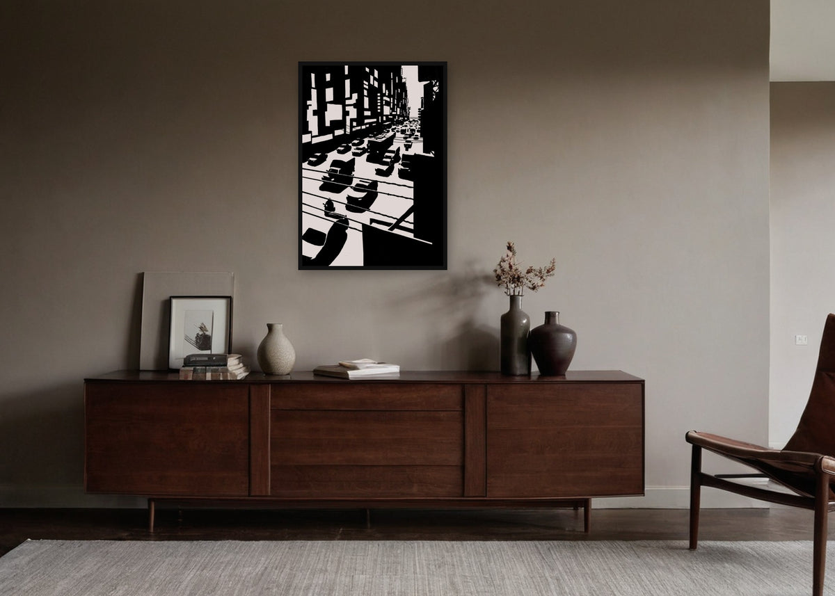 Poster Bangkok Road ingelijst aan de muur in een woonkamer