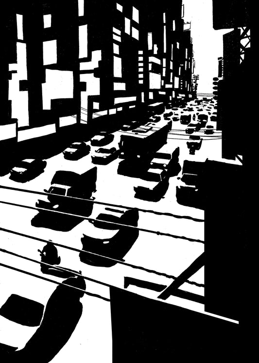 Bangkok Road poster, zwart-wit inkttekening van auto's tussen hoge gebouwen