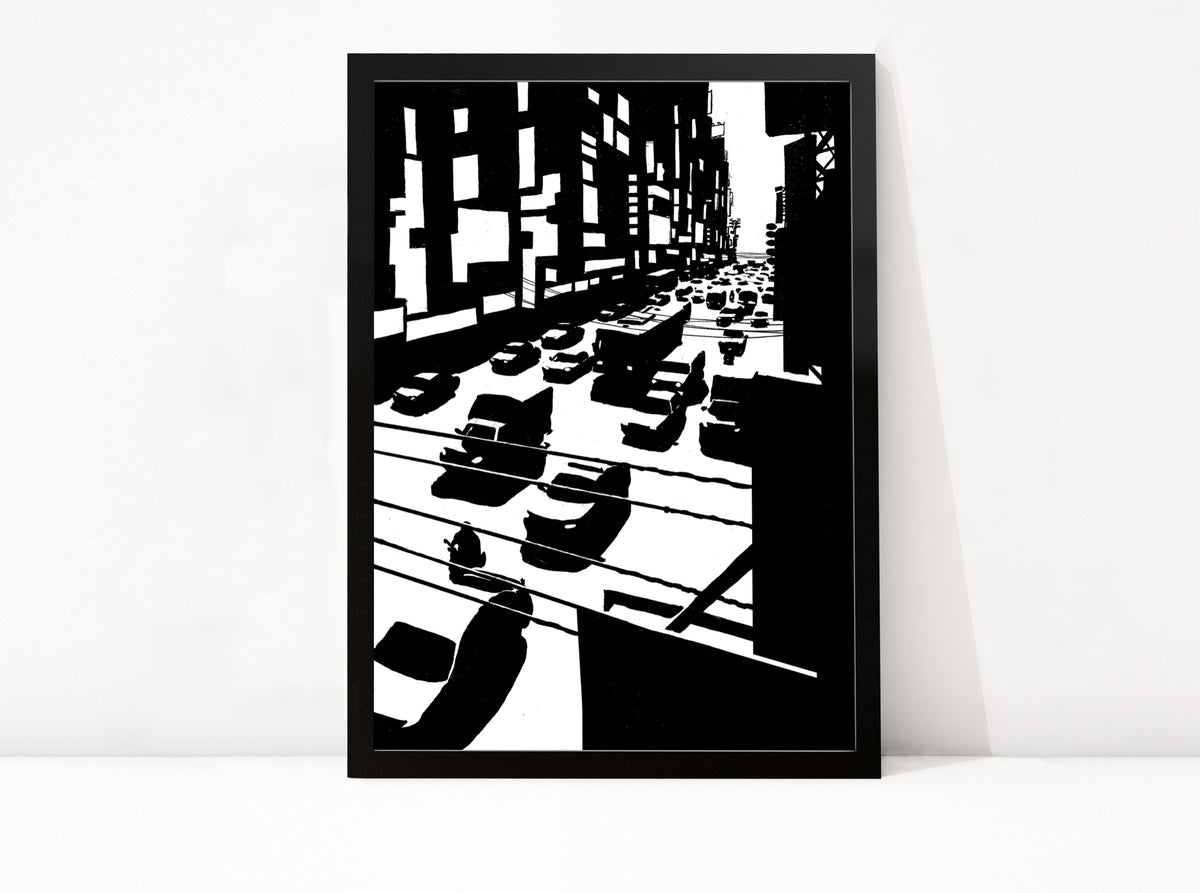 Poster Bangkok Road ingelijst, zwart-wit inkttekening van verkeer in een straat in Bangkok