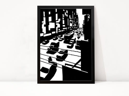 Poster Bangkok Road ingelijst, zwart-wit inkttekening van verkeer in een straat in Bangkok