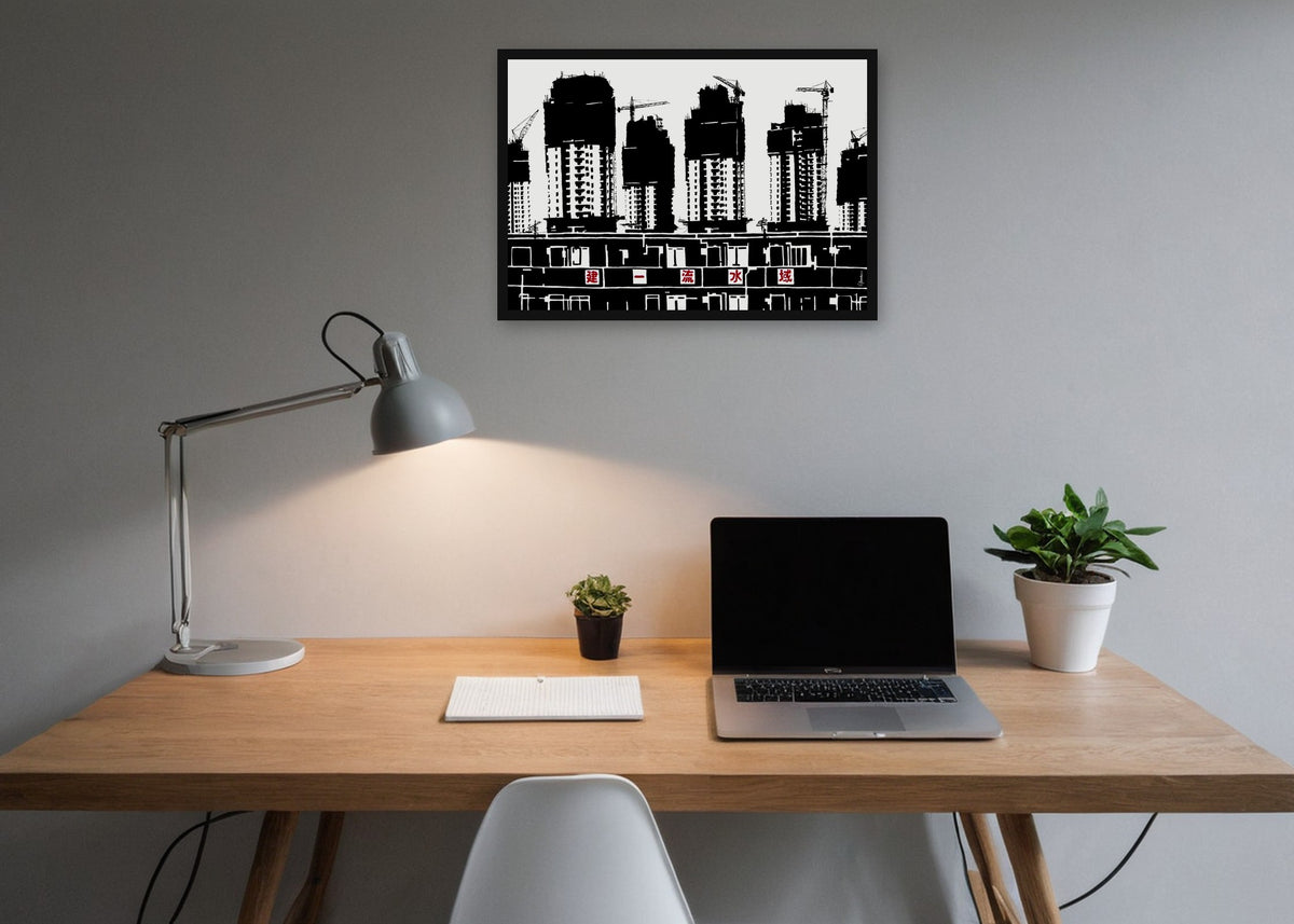 Poster Shanghai Nieuwbouw ingelijst aan de muur in een kantoor